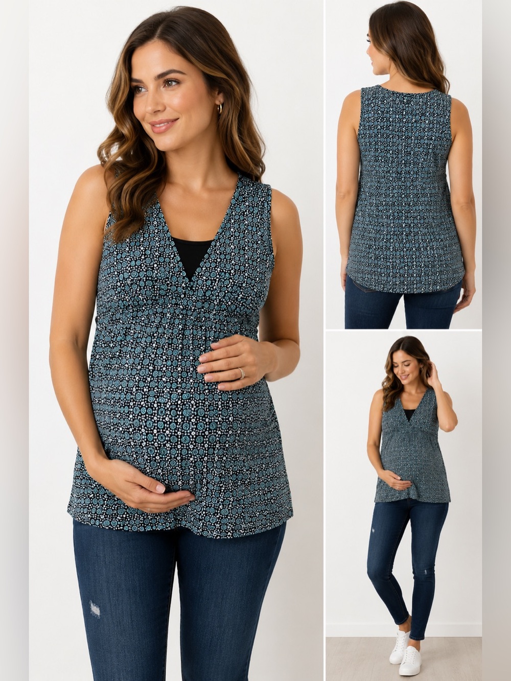 New Additions Maternity Stylish Patterned Tank Top - Black and Blue Size Large